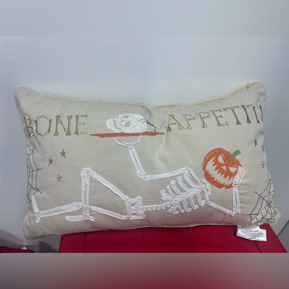NEW Halloween decor throw pillow BONE APPETITE Skelton pumpkin Nordstrom